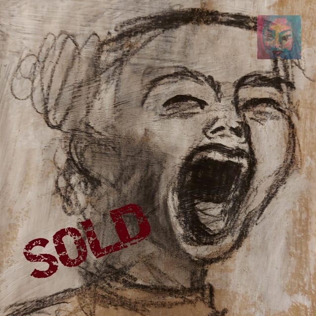 charcoal drawing of woman screaming on gesso and brown paper substrate