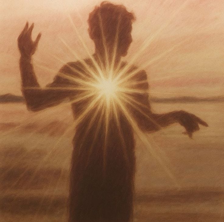 This may contain: a painting of a person standing in front of the sun with his hands out to their sides