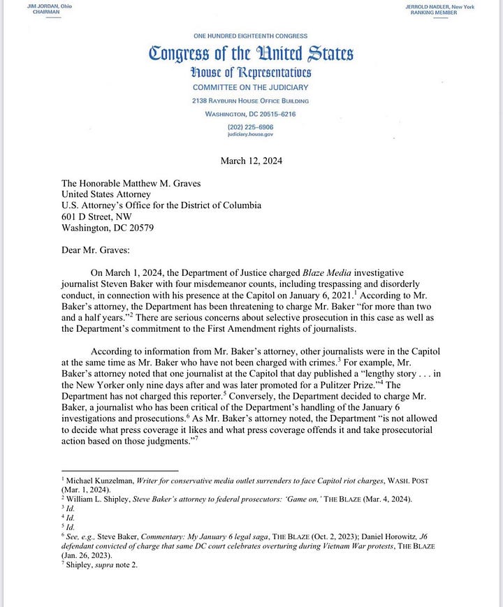 Full text of Chairman Jordan's letter to US Attorney Matthew Graves regarding Steve Baker and other Janury 6th defendants