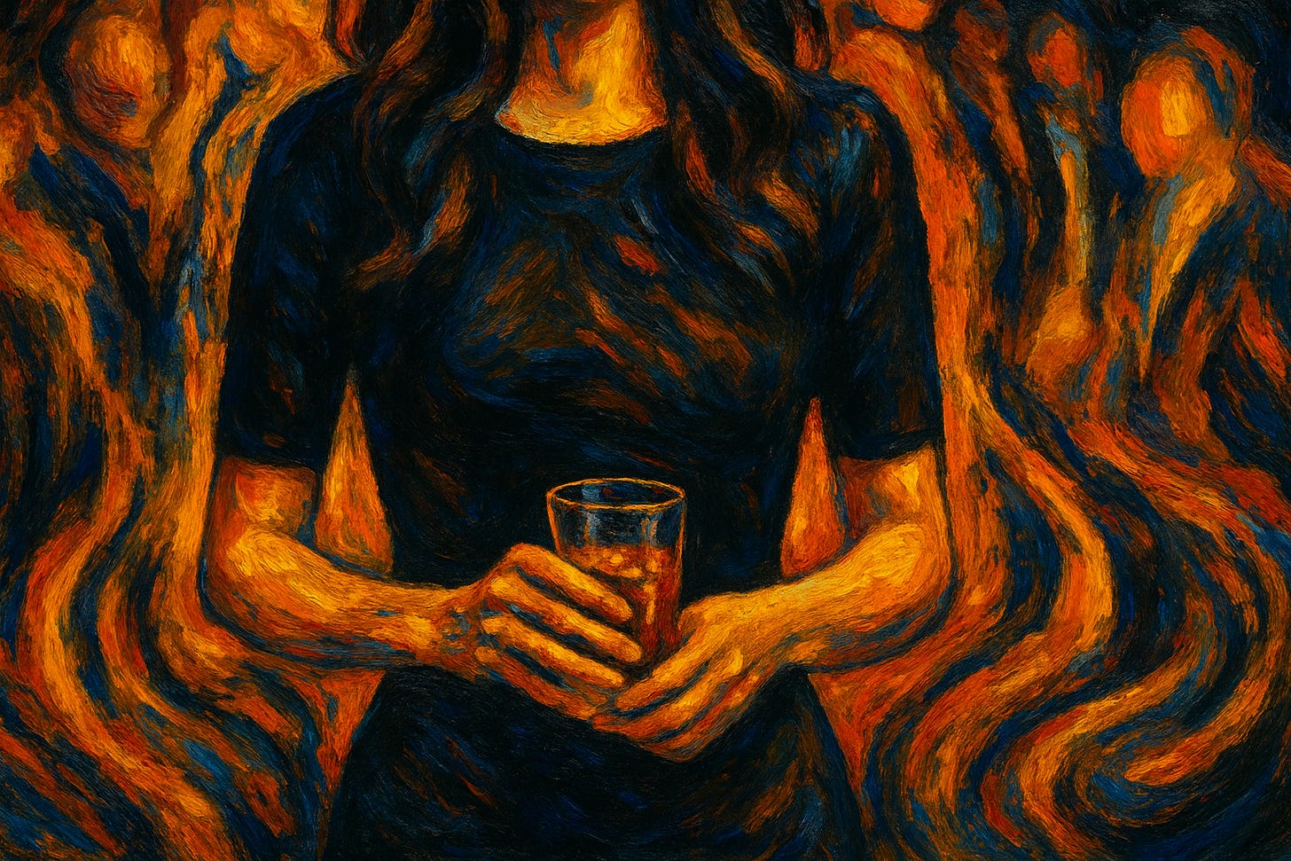 Expressionist painting of a woman in a black dress holding a glass of whiskey with ice. Her glowing hands and face contrast against the swirling background of faceless partygoers painted in fiery orange and deep blue strokes. Expressionist painting of a woman in a black dress holding a glass of whiskey with ice. Her glowing hands and face contrast against the swirling background of faceless partygoers painted in fiery orange and deep blue strokes.
