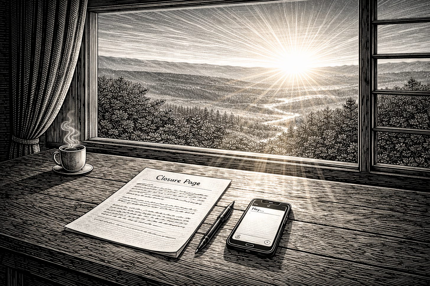 Engraved black-and-white scene: a desk at dawn, a single sheet titled “Closure Page,” a pen resting beside it, and a phone with one message drafted but unsent. Light cuts across the page like a new beginning. Engraved black-and-white scene: a desk at dawn, a single sheet titled “Closure Page,” a pen resting beside it, and a phone with one message drafted but unsent. Light cuts across the page like a new beginning.
