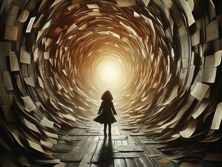 This may contain: a person standing in the middle of a tunnel with books all over it and light at the end