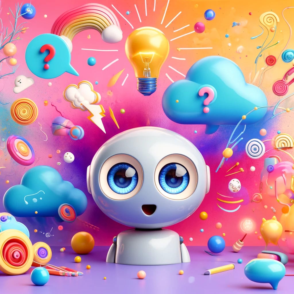 A playful, imaginative scene representing GPT-😮. In the center, a smiling, anthropomorphic AI character with expressive eyes and a surprised, open-mouth expression. Surrounding the character, vibrant and whimsical elements such as floating speech bubbles, colorful light bulbs, and question marks. The background is a bright, cheerful gradient with splashes of vivid colors, creating an atmosphere of creativity and wonder. The overall mood is light-hearted and engaging, capturing the sense of curiosity and discovery.