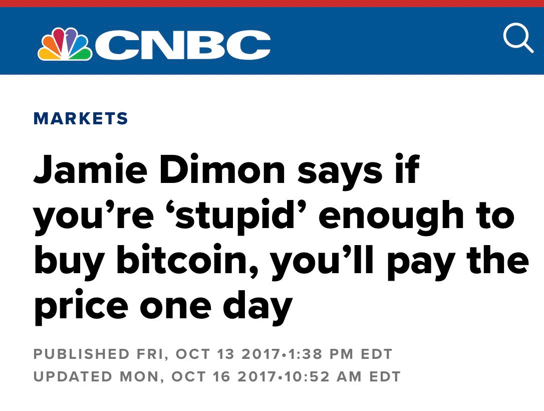 ₿itcoin Meme Hub 🔞 on X: "Jamie Dimon Oct 2017 5k BTC “If you are stupid  enough to buy #bitcoin, you'll pay the price one day” Jamie Dimon Sept 2021  44k BTC “
