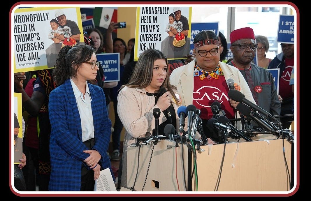 The wife of Abrego Garcia speaks to the media backed by supporters with placards calling for his return The wife of Abrego Garcia speaks to the media backed by supporters with placards calling for his return