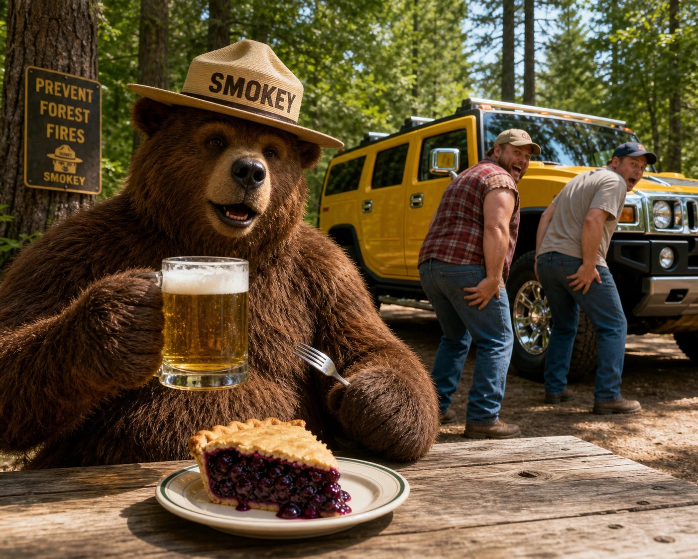 Smokey the bear in his ranger hat with "SMOKEY" on the hat, enjoying a beer and huckleberry pie with.  In the background are two men grabbing their rear ends next to the H2 Hummer 