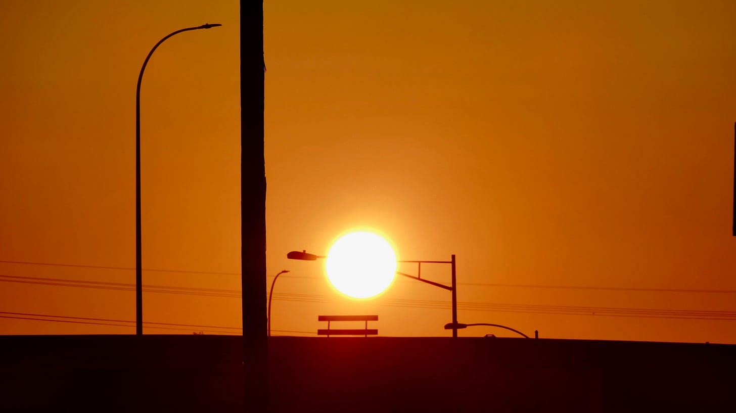 Sunrise over freeway and streetlamps Sunrise over freeway and streetlamps