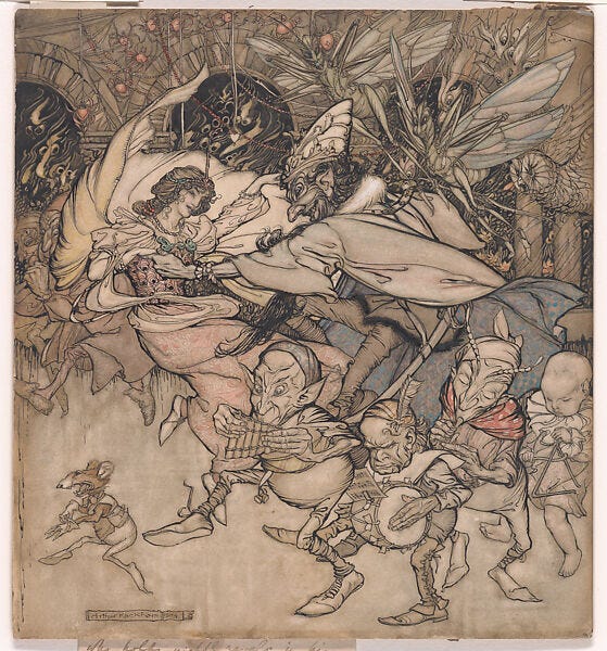 Arthur Rackham - He took the princess by both hands and they danced about  with all the little goblins, for "The Travelling Companion" - The  Metropolitan Museum of Art
