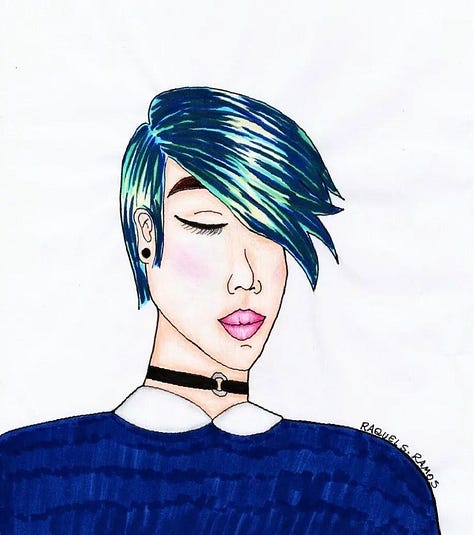 Diversas versões da mesma imagem: A imagem é um desenho feito a mão de uma mulher com cabelo azul esverdeado. O cabelo é curto, com franja comprida sobre o olho direito. Ela usa um colar preto tipo gargantilha e um brinco preto pequeno. A mulher está usando uma blusa azul-escura com gola branca.