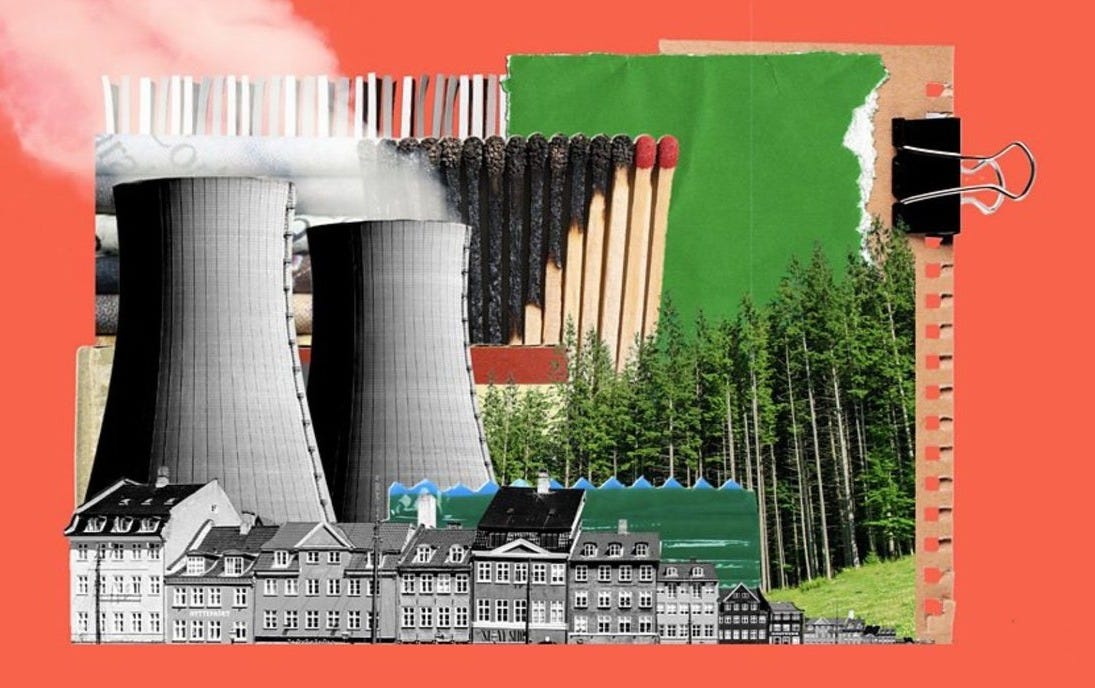 A surreal collage illustration on an orange background, depicting elements related to energy, nature, and urban development. It features two large cooling towers emitting smoke, a line of unlit matches, a dense forest of evergreen trees, a row of traditional-style houses, and torn paper elements held by a binder clip. A surreal collage illustration on an orange background, depicting elements related to energy, nature, and urban development. It features two large cooling towers emitting smoke, a line of unlit matches, a dense forest of evergreen trees, a row of traditional-style houses, and torn paper elements held by a binder clip.