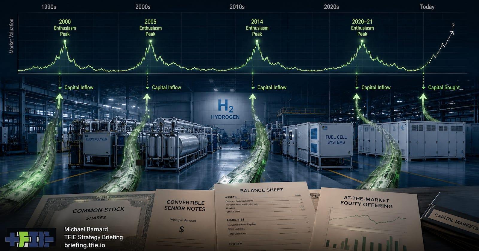 Industrial hydrogen equipment facility overlaid with repeated stock-price spikes and capital-market cues.