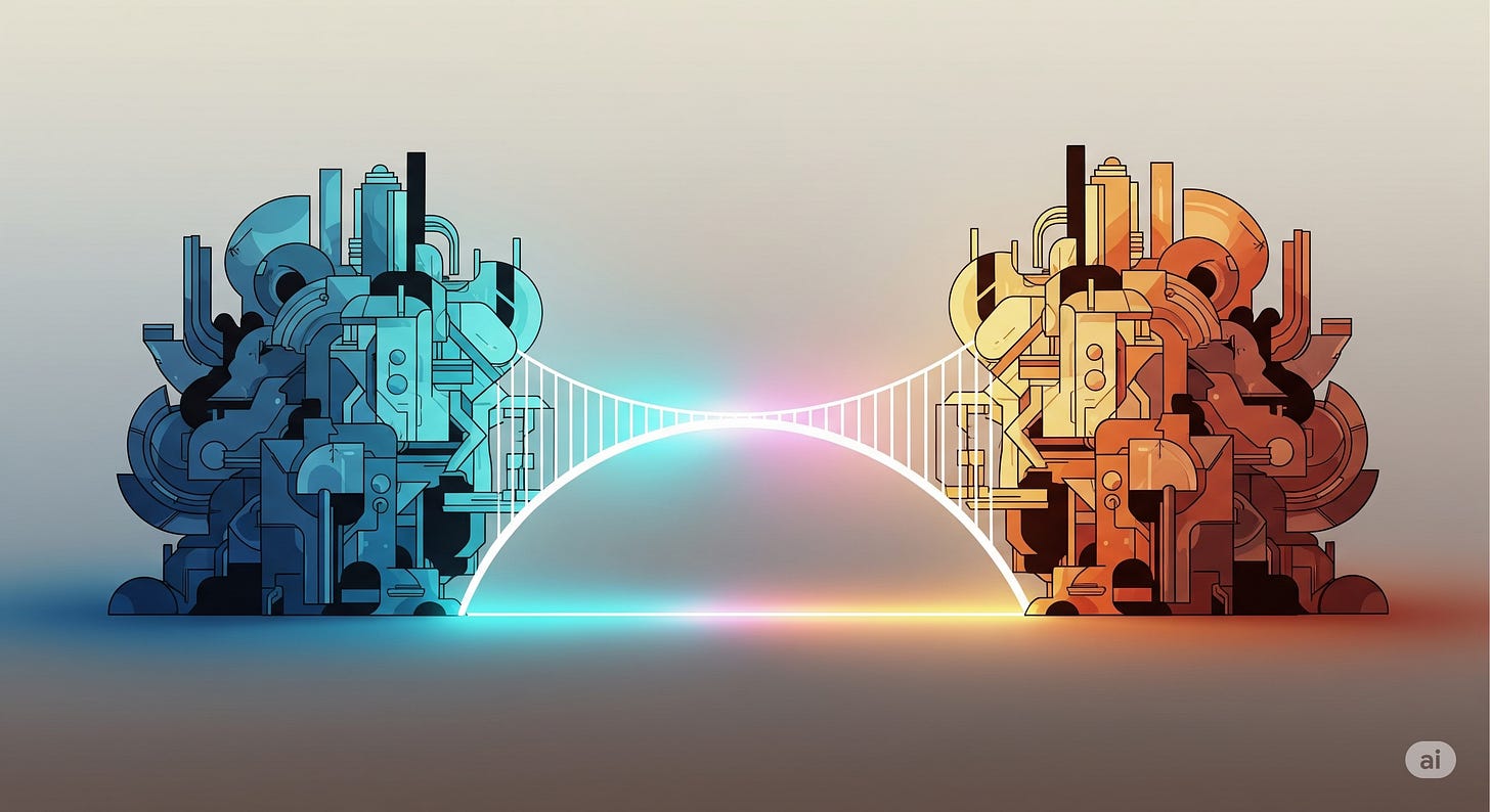 Abstract digital art showing two distinct groups of colorful geometric shapes being connected by a glowing, central bridge on a neutral background. Abstract digital art showing two distinct groups of colorful geometric shapes being connected by a glowing, central bridge on a neutral background.