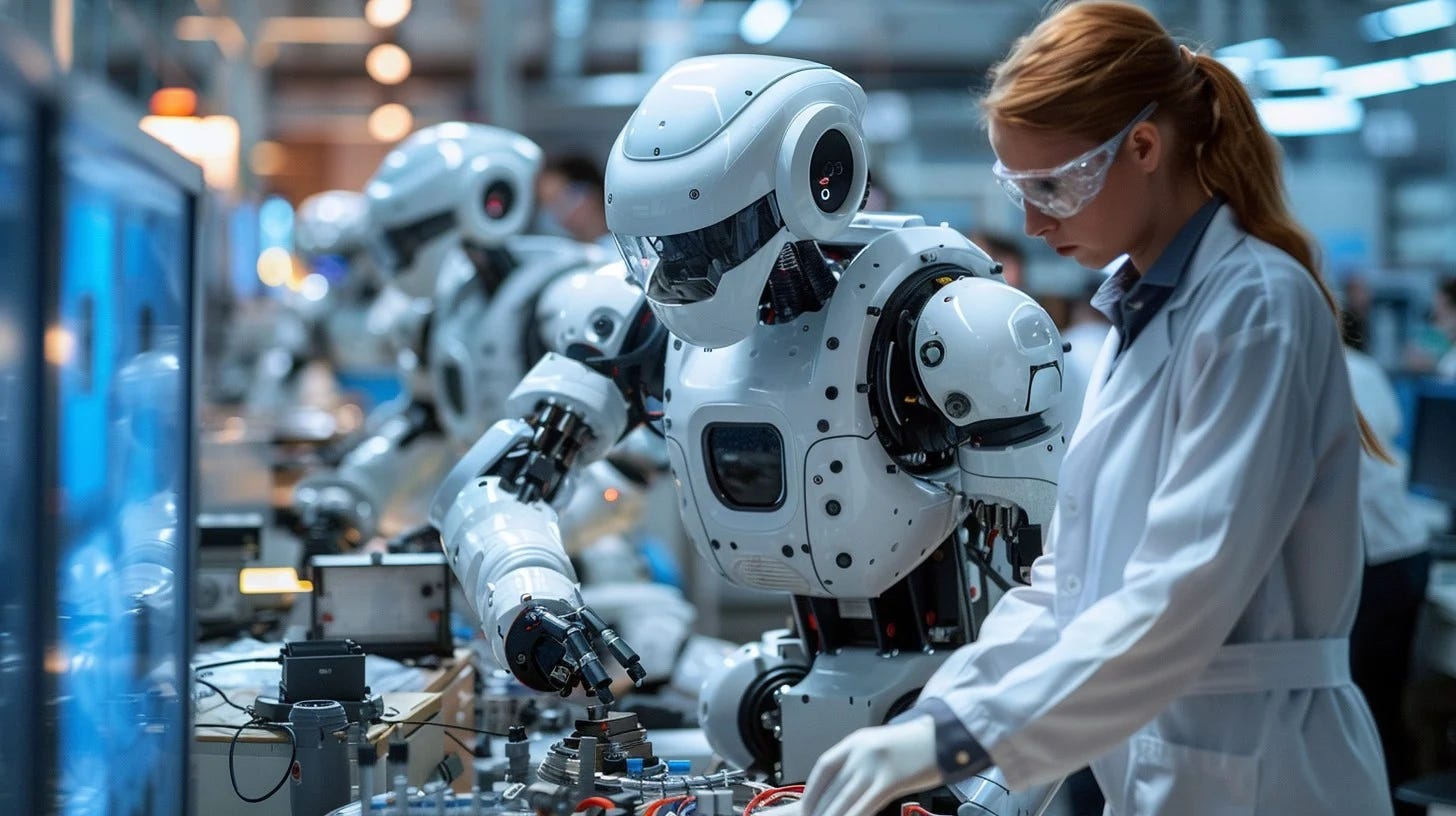 A female engineer works alongside an advanced robot in a high-tech industrial manufacturing environment.