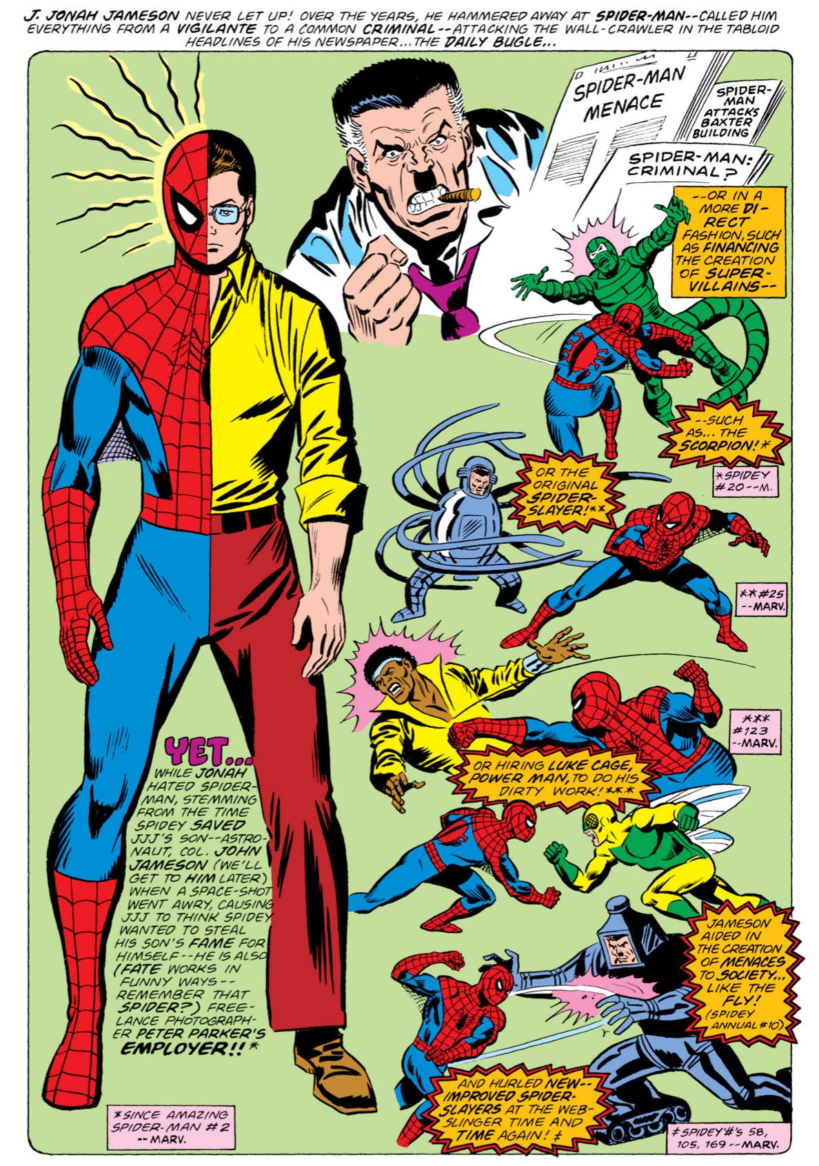 Splash page showing some of J. Jonah Jameson's attempts to destroy Spider-Man