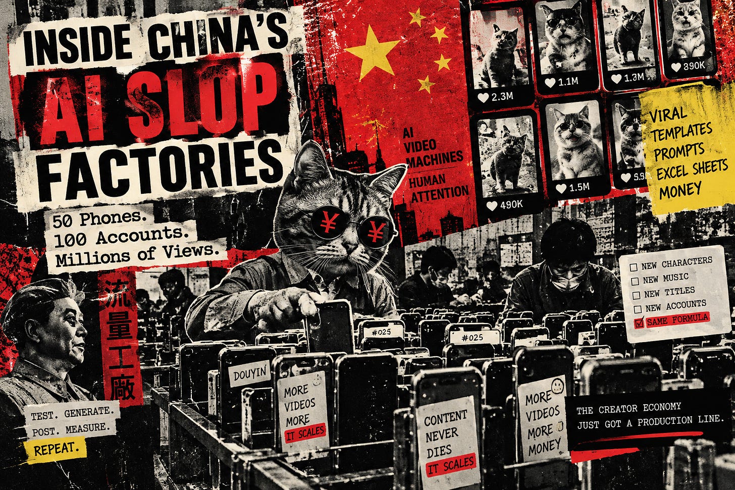 Inside China's AI Slop Factories: 50 Phones, 100 Accounts, and an Excel Spreadsheet