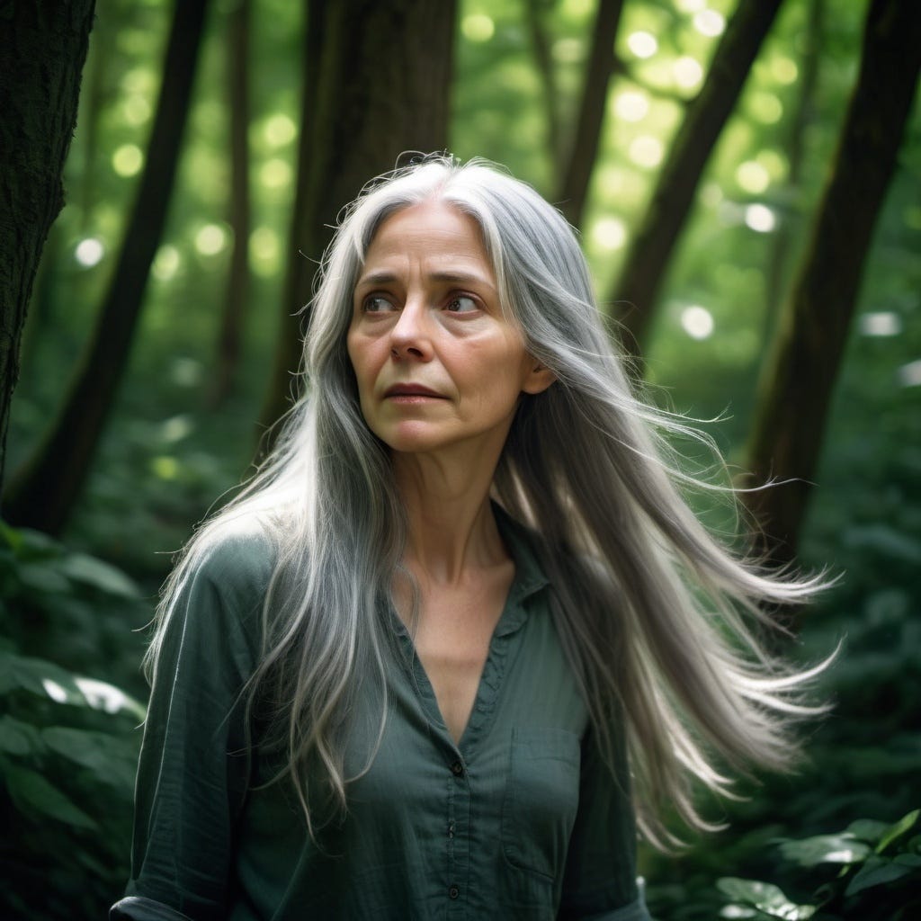 Woman with long gray hair lost in a forest looking for her friends.