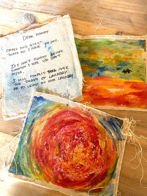 hand drawn images of a cover for a booklet, a fairy character and some painted tiles with a handwritten note. 