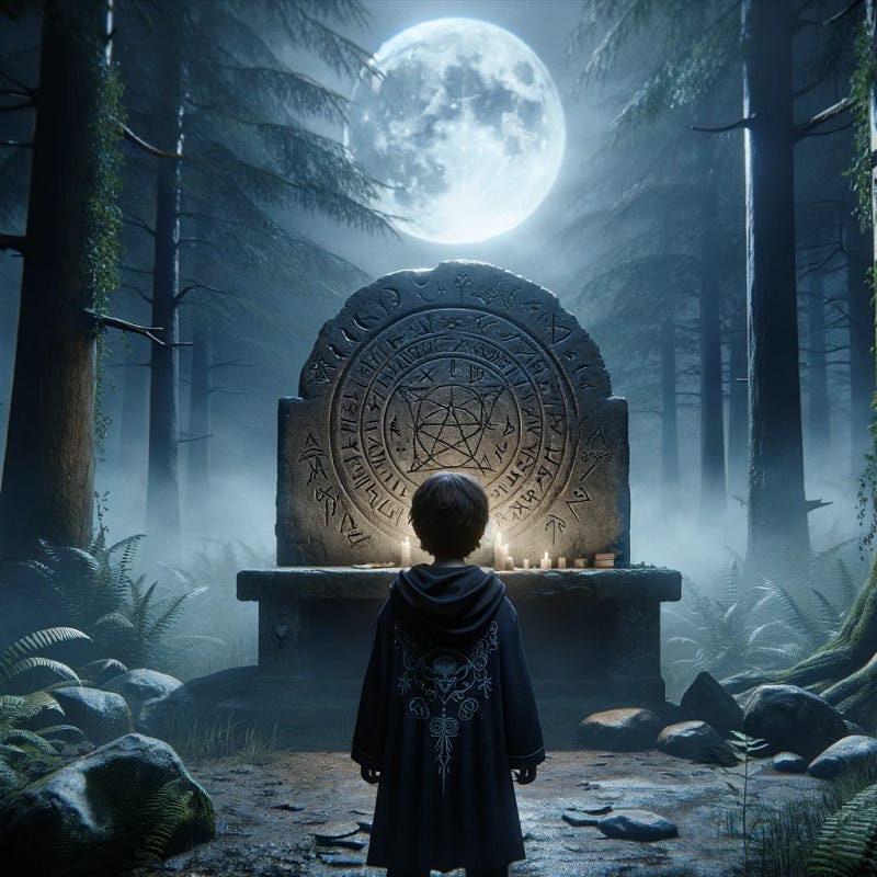 Portrait of a lone young boy dressed in dark robes standing in front of a mysterious stone altar in a moonlit forest. Portrait of a lone young boy dressed in dark robes standing in front of a mysterious stone altar in a moonlit forest.