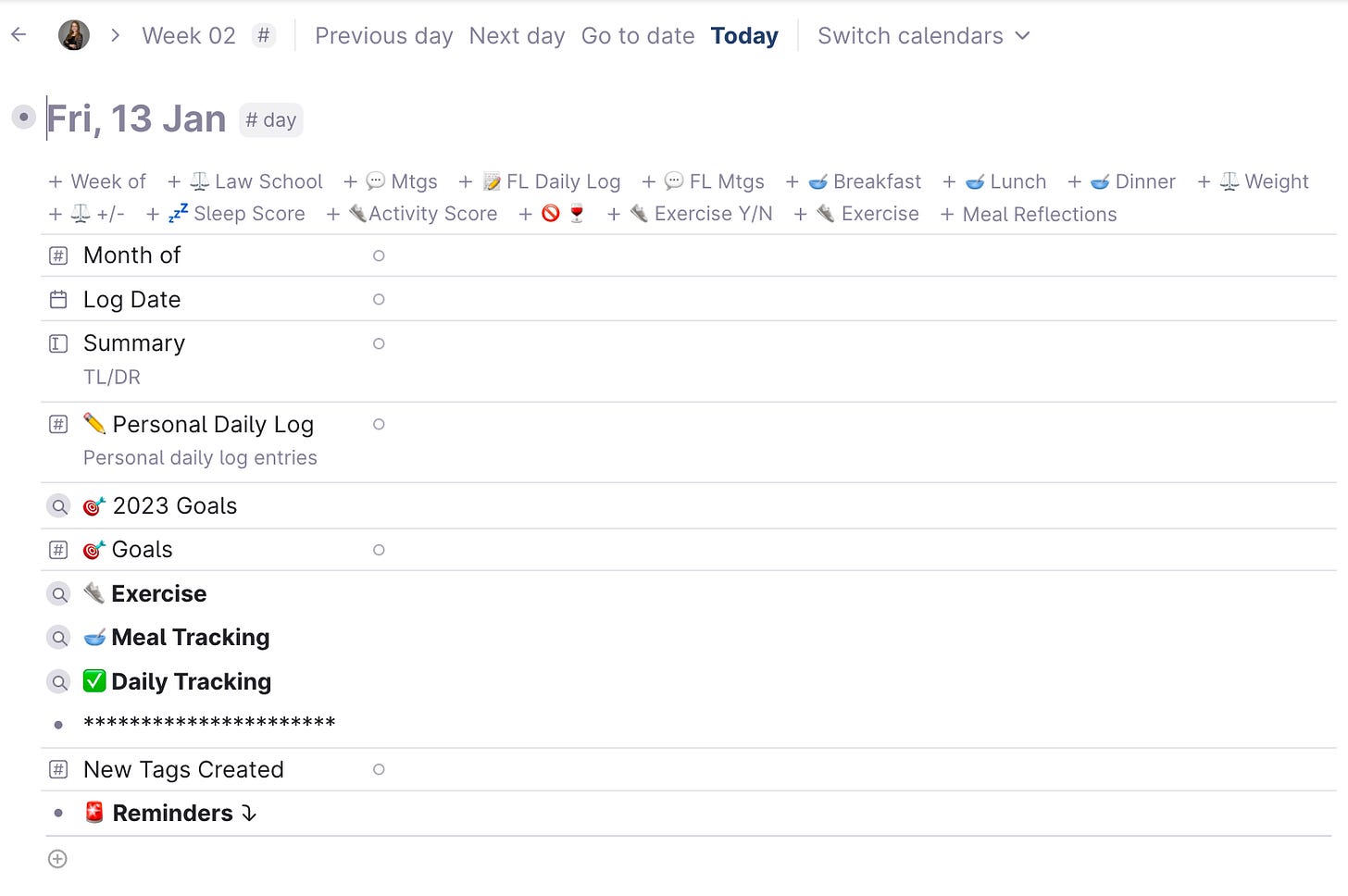 Monica Rysavy's “Daily” Page in Tana as of January 2, 2023. 