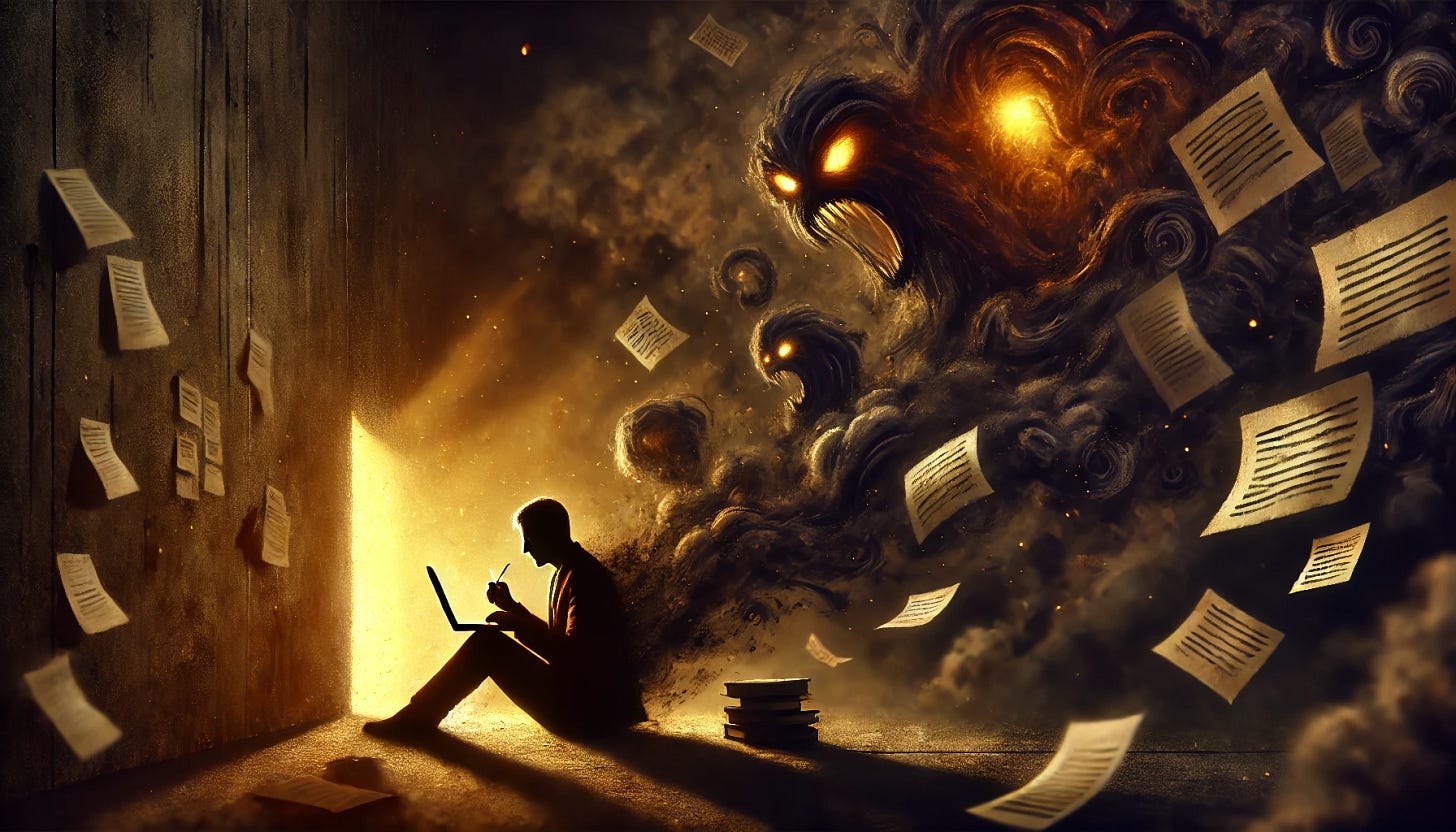 A digital painting of a person sitting alone in a dark room, their silhouette barely lit by a faint light from a computer screen. Their face is shadowed, overwhelmed, as dark swirling clouds and monstrous figures form behind them, representing inner fears and doubts. Slowly, on one side of the image, light begins to pierce through the shadows—warm golden tones of inspiration and clarity creeping in. Papers, post-its, and ideas floating in the light, symbolizing creativity returning. Created Using: chiaroscuro lighting, symbolic surrealism, cinematic composition, expressive textures, emotional realism, muted tones for shadows, golden glow highlights, psychological depth, hd quality, natural look --ar 16:9