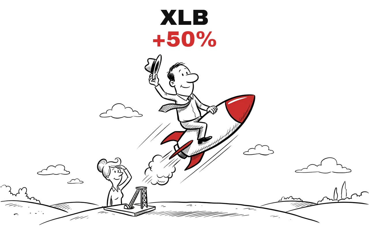 Trade Exit XLB, +50%. Hand-drawn cartoon: the man rides a rocket upward and waves his hat, the woman watches from below. Trade Exit XLB, +50%. Hand-drawn cartoon: the man rides a rocket upward and waves his hat, the woman watches from below.