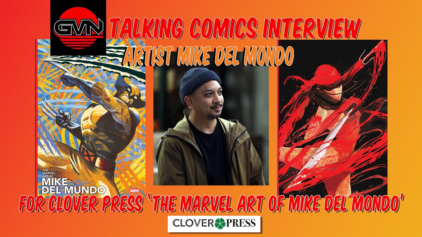Promotional graphic for a comic artist interview featuring Mike Del Mundo, with his portrait and examples of his Marvel comic artwork. Text includes event and publisher details.