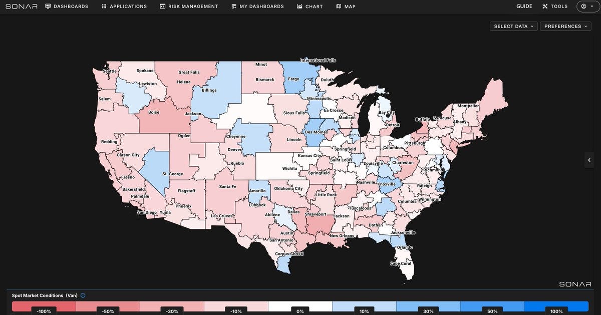 Color-coded map of the United States with states shaded in various intensities of red pink and blue where red areas indicate spot rates dropping relative to the last four days SONAR branding and a color scale from blue to red at the bottom View Management dashboard elements visible.