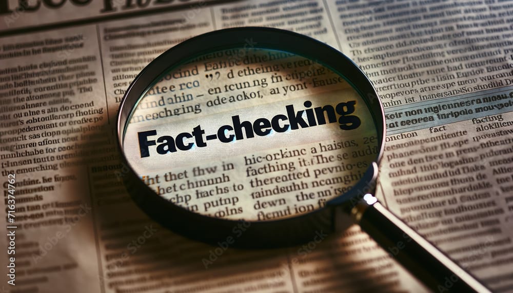 Hand holding a magnifying glass to fact check a news article.Fact ...