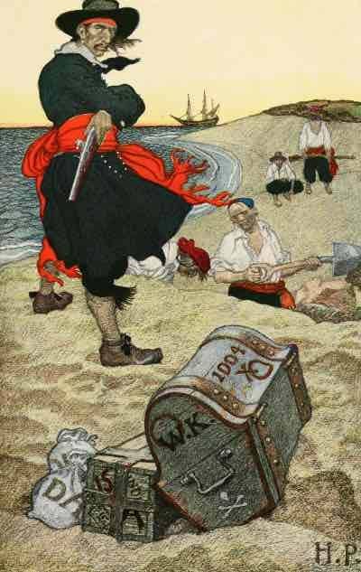 Burying Treasure: illustration of William “Captain” Kidd overseeing a treasure burial—Howard Pyl