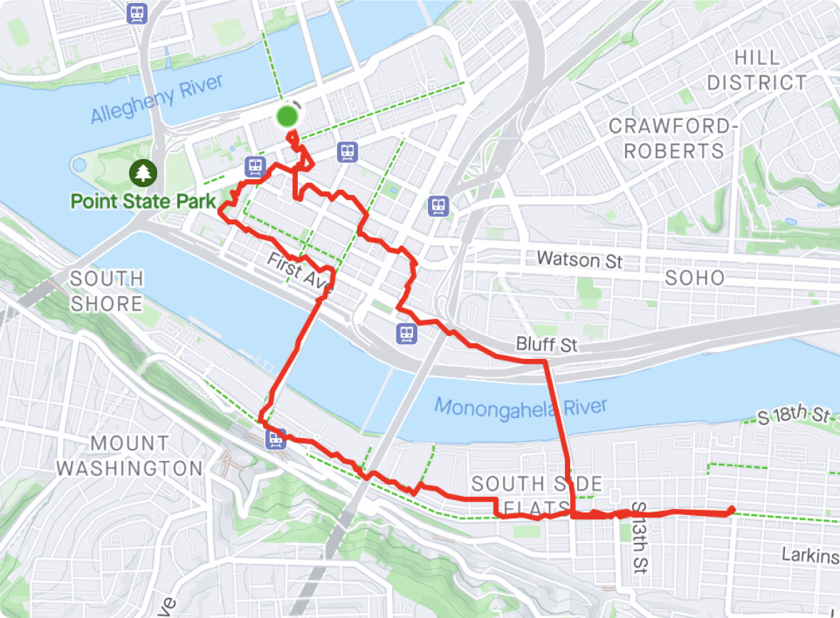 Map of my walk from downtown to south side in Pittsburgh