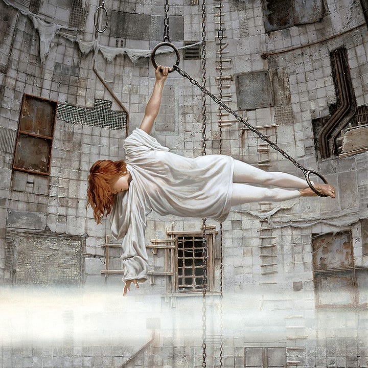 LEFT: Detail from THE REACH featuring a vast chamber lined with concrete panels. A redheaded woman hangs suspended from iron rings in sideways T pose. With her free arm, she reaches down toward a hazy band of mist below. RIGHT: Figure detail from THE REACH featuring a woman gripping an iron ring to hang suspended horizontally. The background behind her evokes a huge concrete chamber. Her red hair spills downward obscuring her face from the nose up as she looks downward. She wears white tights and a white billowy top. The sleeve on the arm gripping the ring piles at her shoulder exposing her skin while her hood hangs loosely with her bottom sleeve.