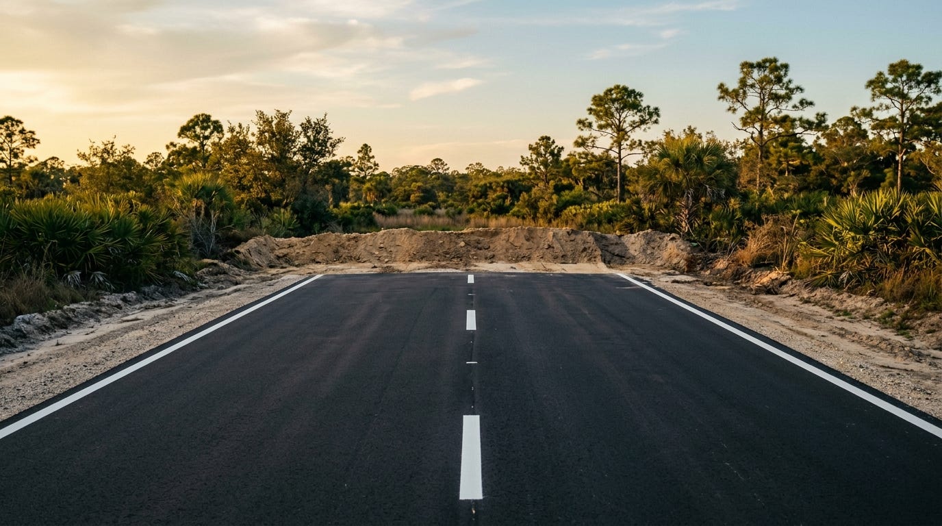 The St. Johns Heritage Parkway ends abruptly where construction stopped The St. Johns Heritage Parkway ends abruptly where construction stopped