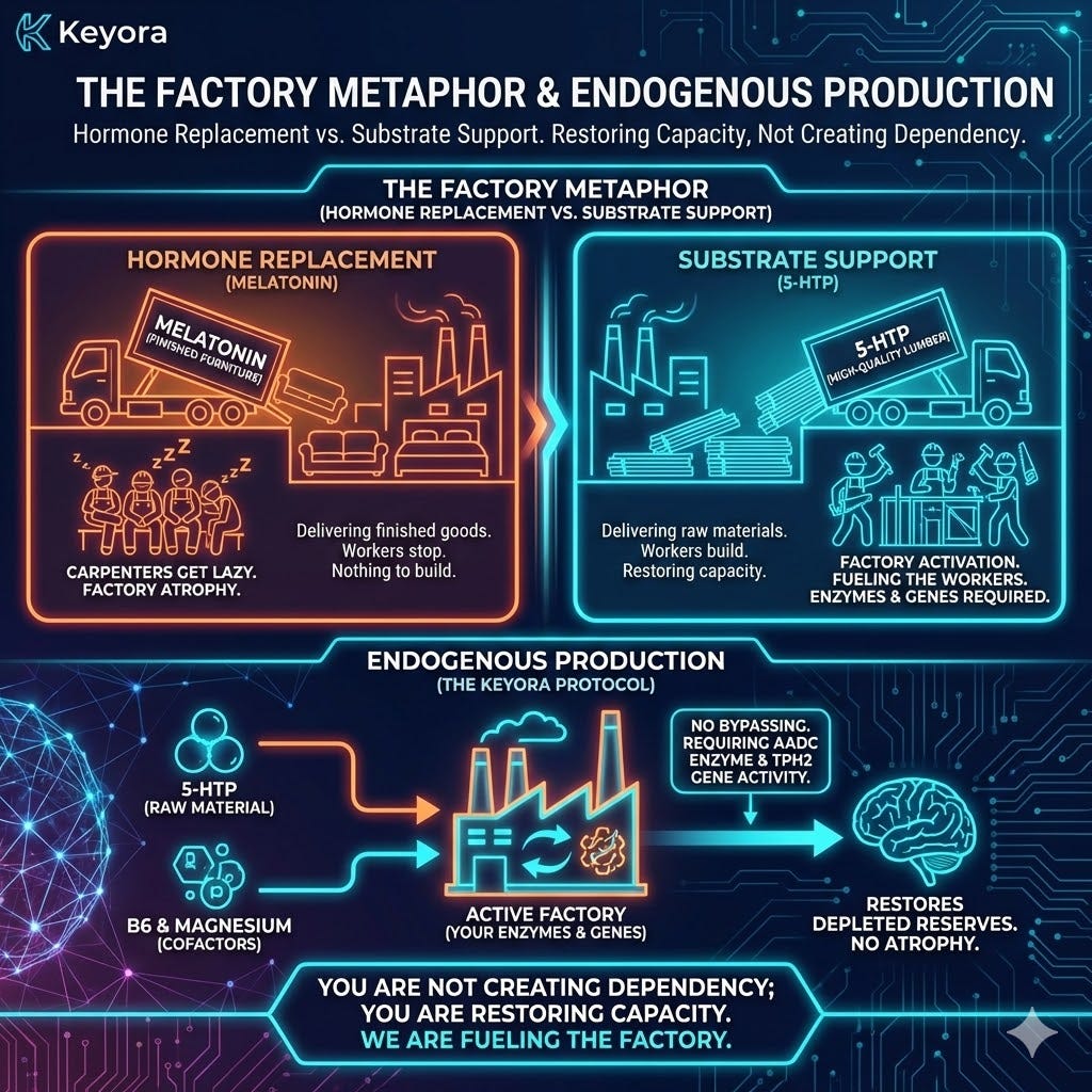 The Factory Metaphor differentiates between finished product delivery (Hormonal Suppression) and raw material supply (Substrate Support), proving that the Keyora Protocol fuels enzymatic labor to secure Neurological Sovereignty. The Factory Metaphor differentiates between finished product delivery (Hormonal Suppression) and raw material supply (Substrate Support), proving that the Keyora Protocol fuels enzymatic labor to secure Neurological Sovereignty.