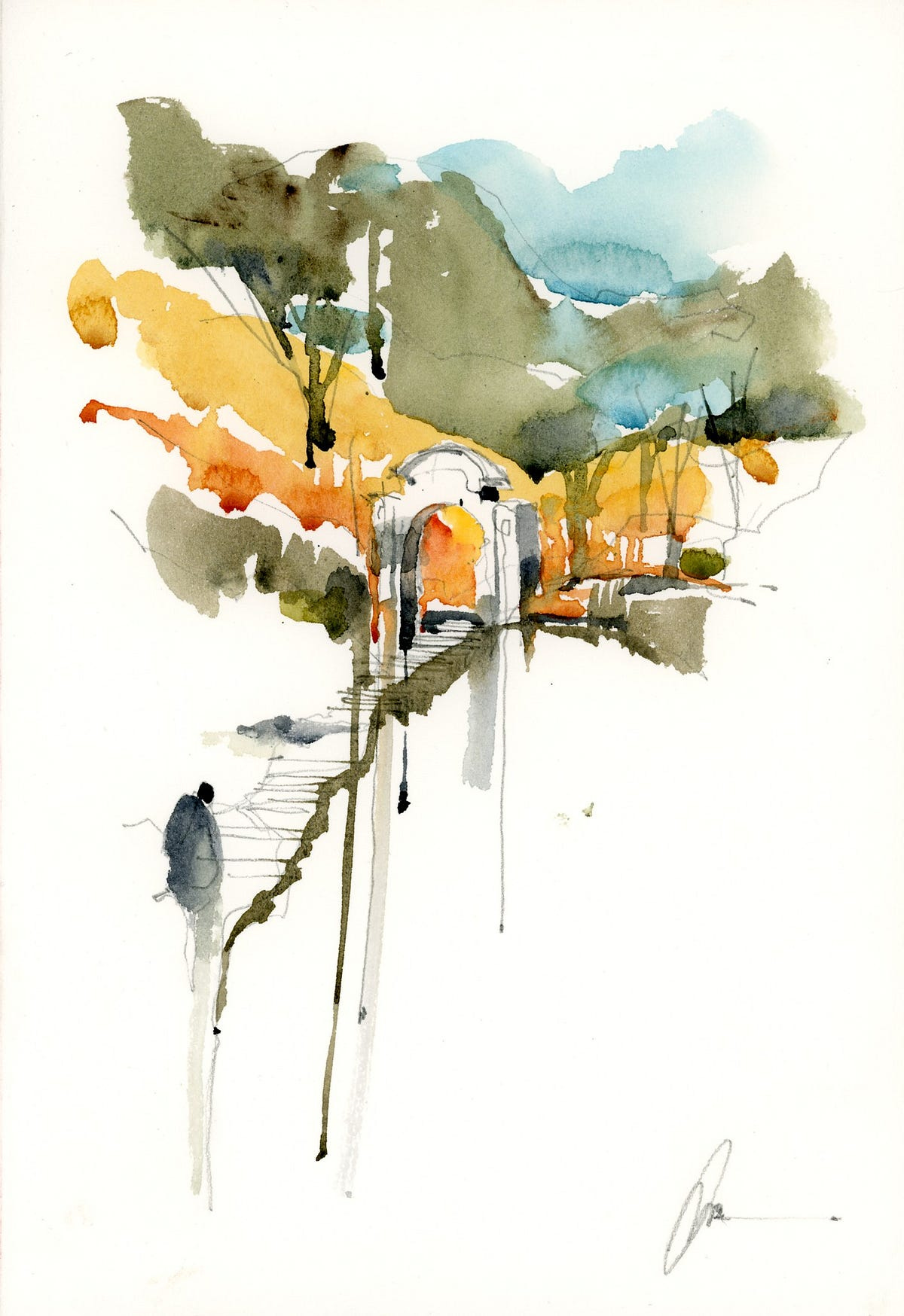 Dumbarton Oakes Park, WDC. 9 in x 12 in — En Plein Air, looking up towards the house from the creek. The yellow color is Forsythia. Sennelier watercolor pigment on Fabriano watercolor paper.