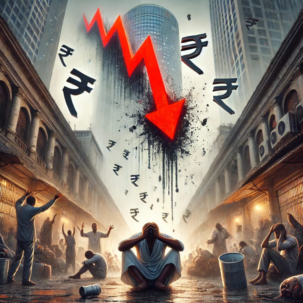 A dramatic illustration showing a stock market crash in India, symbolized by a collapsing graph with a large red arrow pointing downwards. The background includes a bustling financial district with blurred, distressed investors holding their heads in despair. Rupee symbols falling like rain, emphasizing the scale of the loss (₹5 lakh crore). The scene is set during the day with a tense, chaotic atmosphere. A dramatic illustration showing a stock market crash in India, symbolized by a collapsing graph with a large red arrow pointing downwards. The background includes a bustling financial district with blurred, distressed investors holding their heads in despair. Rupee symbols falling like rain, emphasizing the scale of the loss (₹5 lakh crore). The scene is set during the day with a tense, chaotic atmosphere.