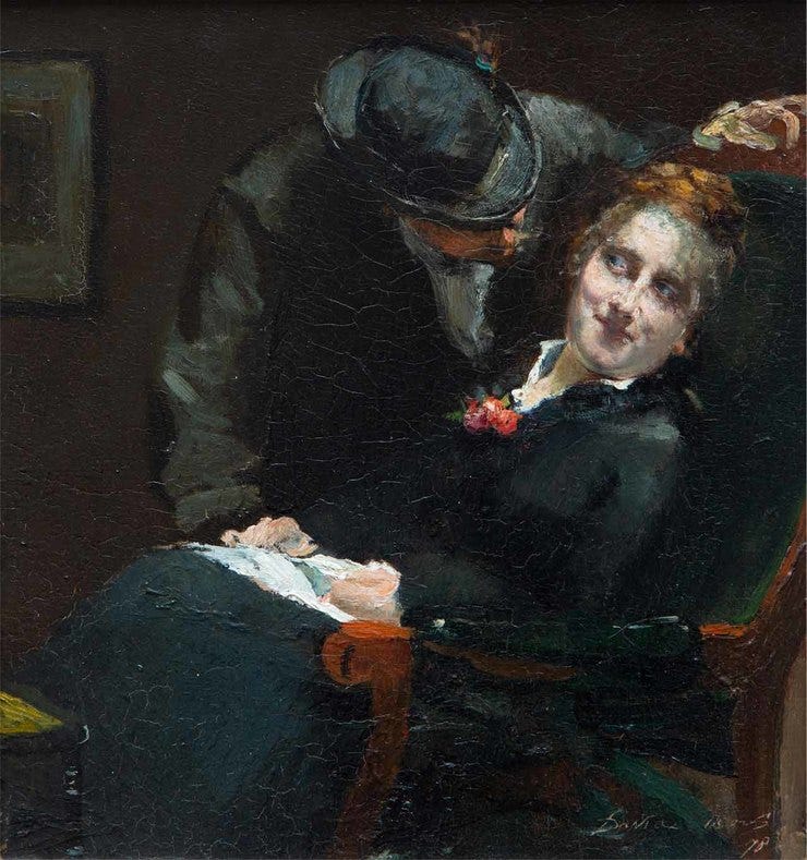 'Est-ce que tu m'aimes' 1878 - olieverf op paneel: David Oyens (Veilinggebouw De Zwaan lot 4525)