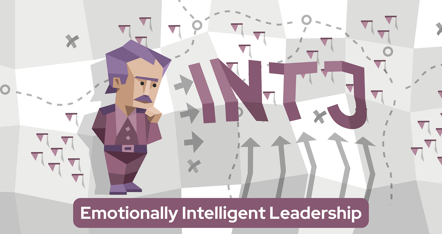 An INTJ man with purple hair and mustache, wearing a purple suit, stands in a thoughtful pose. To his right, the letters "INTJ" are prominently displayed. The background features various symbols, such as arrows and dashed lines, suggesting complexity and strategic thought.