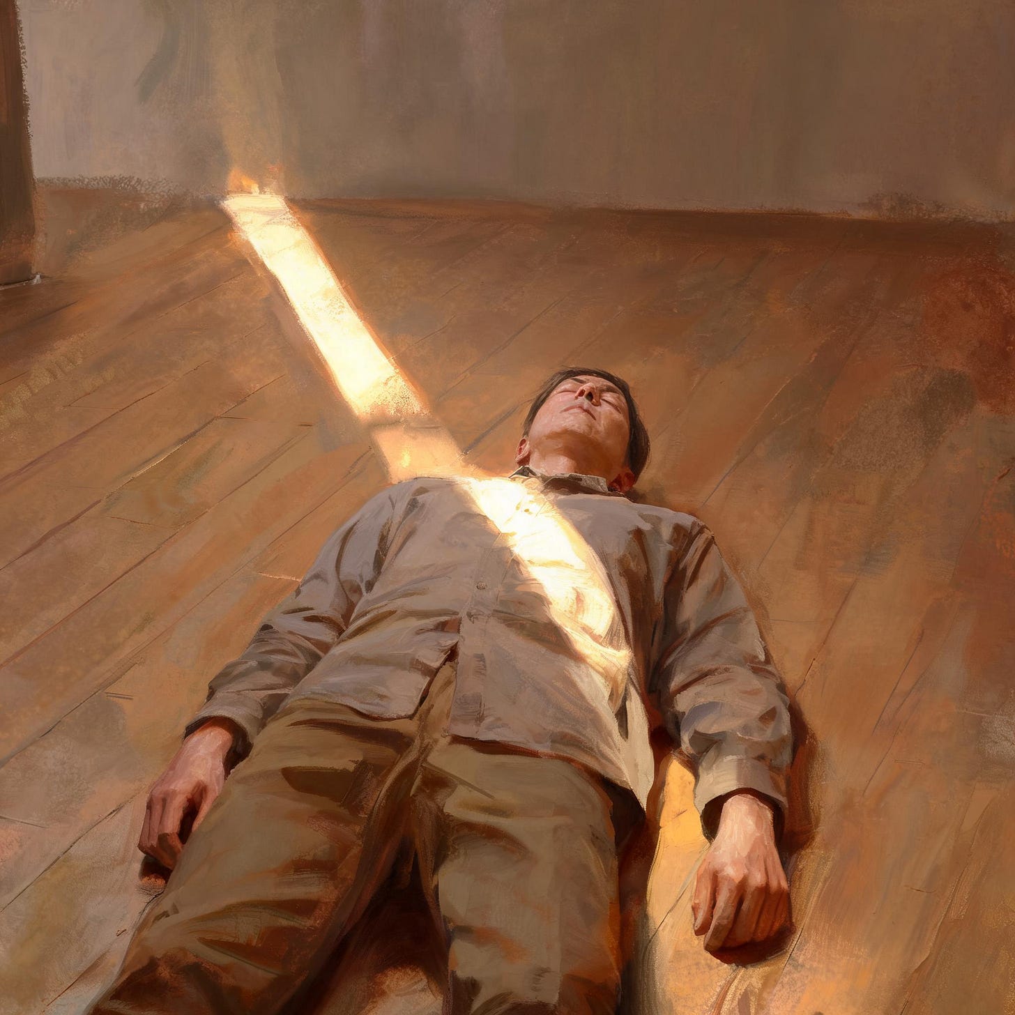 An oil painting in warm ochre and pale gold. A solitary figure lies fully clothed on a bare wooden floor, eyes closed, arms resting at their sides. A single shaft of late afternoon light falls across the chest and hands. The room recedes into soft shadow around them. The stillness is not sleep — it is chosen. The body is the only subject.