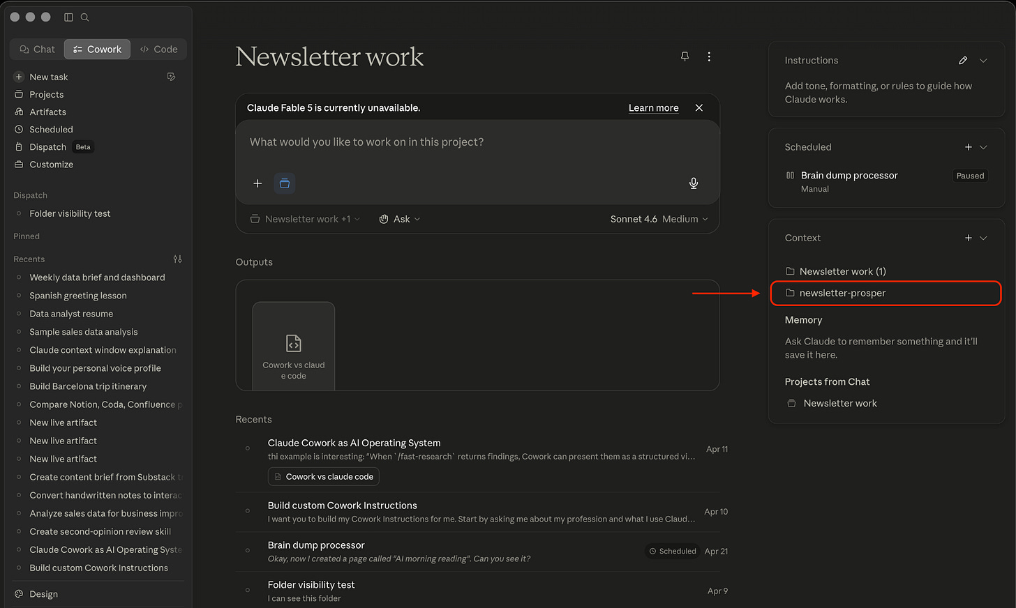 Cowork Project settings showing the newsletter-prosper folder with folder access granted.