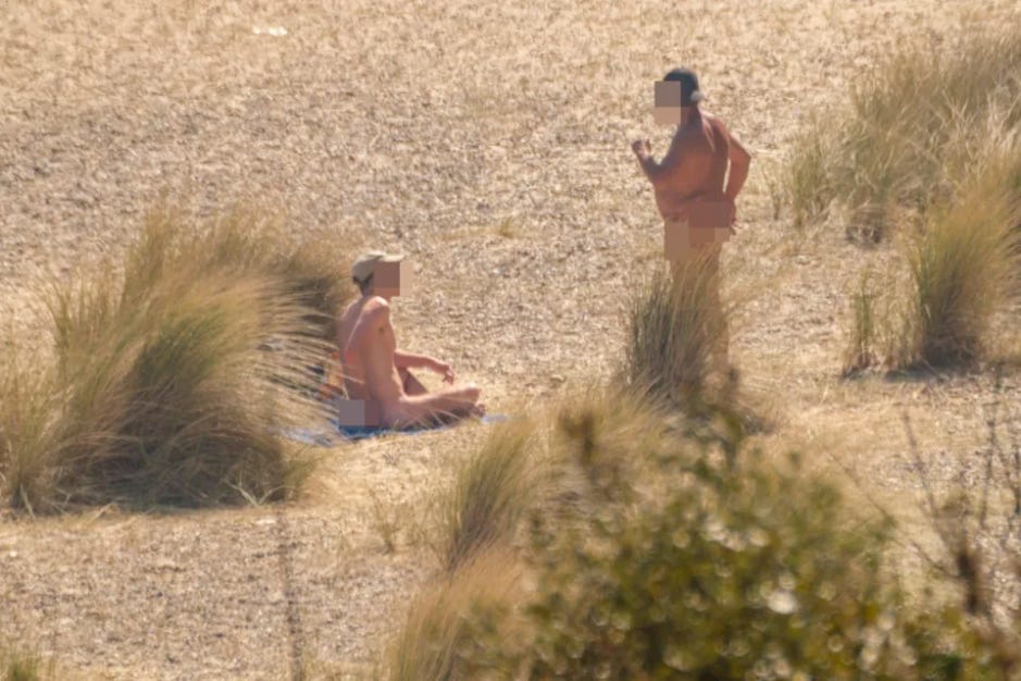 A telephoto lens image of two naked people harmlessly sitting on a beach with their faces blurred. 
