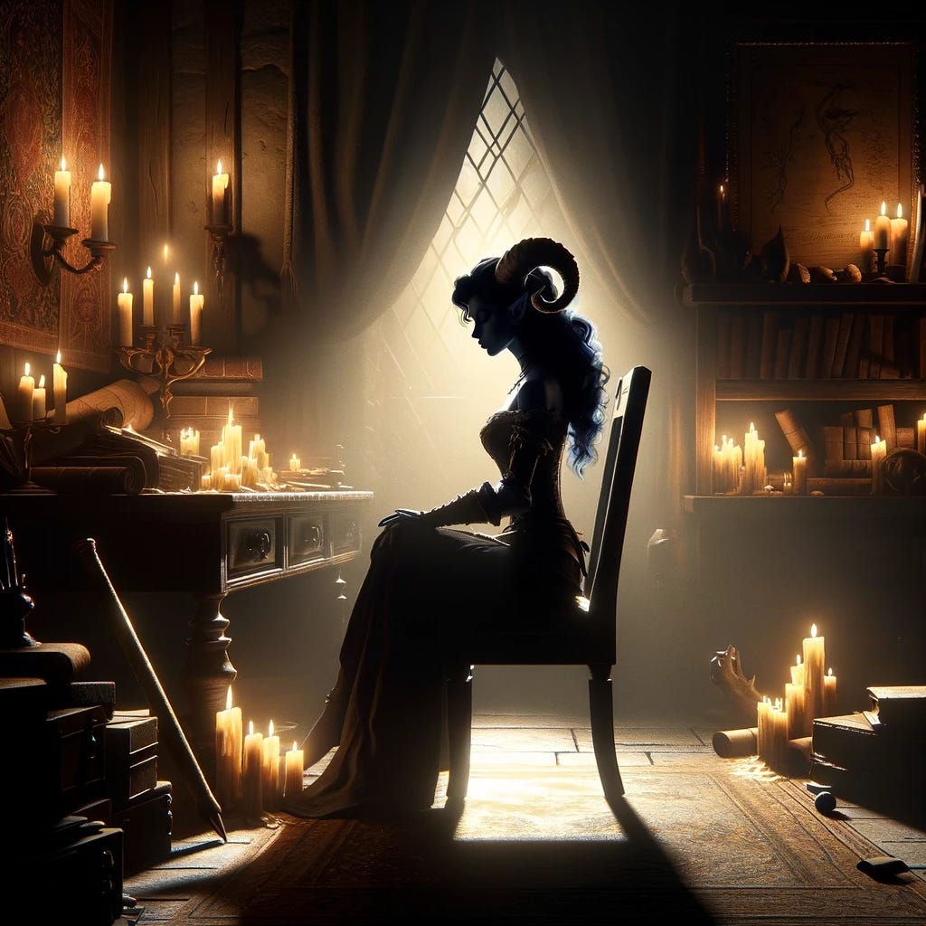 A dimly lit study with flickering candlelight casting long shadows, featuring a silhouette of Seraphina, a tiefling woman, sitting alone. She is portrayed with distinct horns, characteristic of her race, and her deep blue hair is visible in the faint light. The study is filled with rich tapestries, rare artifacts, and scrolls, symbolizing her success. Her posture reflects contemplation and subtle hints of melancholy, resonating with the feelings of solitude and the hidden costs of her ambition. The room's ambiance and Seraphina's silhouette convey a sense of introspection and the complexity of her character.