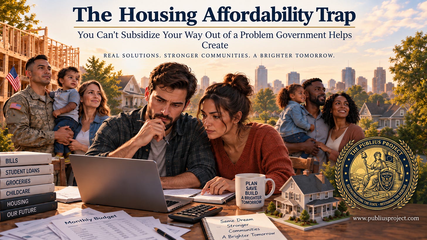 Illustrated image showing diverse American families affected by housing costs. In the center, a young couple studies bills and a mortgage calculator at a kitchen table with a small house model, while other families stand nearby. The image includes the title “The Housing Affordability Trap” and The Publius Project seal and website. Illustrated image showing diverse American families affected by housing costs. In the center, a young couple studies bills and a mortgage calculator at a kitchen table with a small house model, while other families stand nearby. The image includes the title “The Housing Affordability Trap” and The Publius Project seal and website.