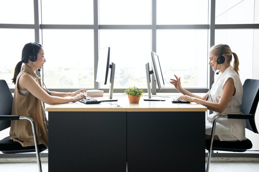 Customer service staff team in call center. Customer service staff team in call center.