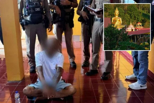 An image collage containing 2 images, Image 1 shows A Buddhist monk sits on the floor surrounded by police officers, Image 2 shows Large golden Buddha statue at Wat Khao Rang Samakkitham temple in Phuket, Thailand
