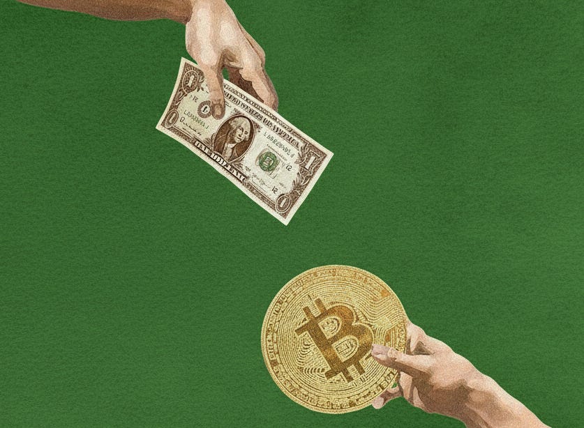 Two hands exchanging a dollar and bitcoin with green background.