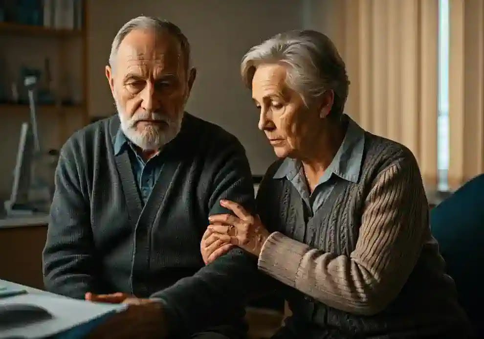 An older couple in a doctor's office, with the man appearing worried.