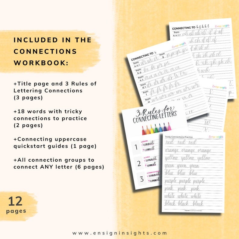 May include: A printable workbook for learning how to connect letters in cursive handwriting. The workbook includes 12 pages with a title page, 3 rules for connecting letters, 18 words with tricky connections to practice, uppercase quickstart guides, and all connection groups to connect any letter.
