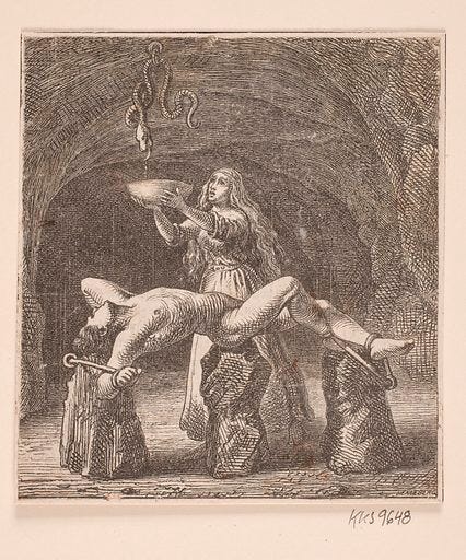 Translation: Sigyn holds the bowl between the serpent and Loki. Original: Sigyn holder skålen mellem slangen og Loke. Date: 1826 - 1893, Værket er ikke dateret, se kunstnerens leveår. Inventory number: KKS9648b.