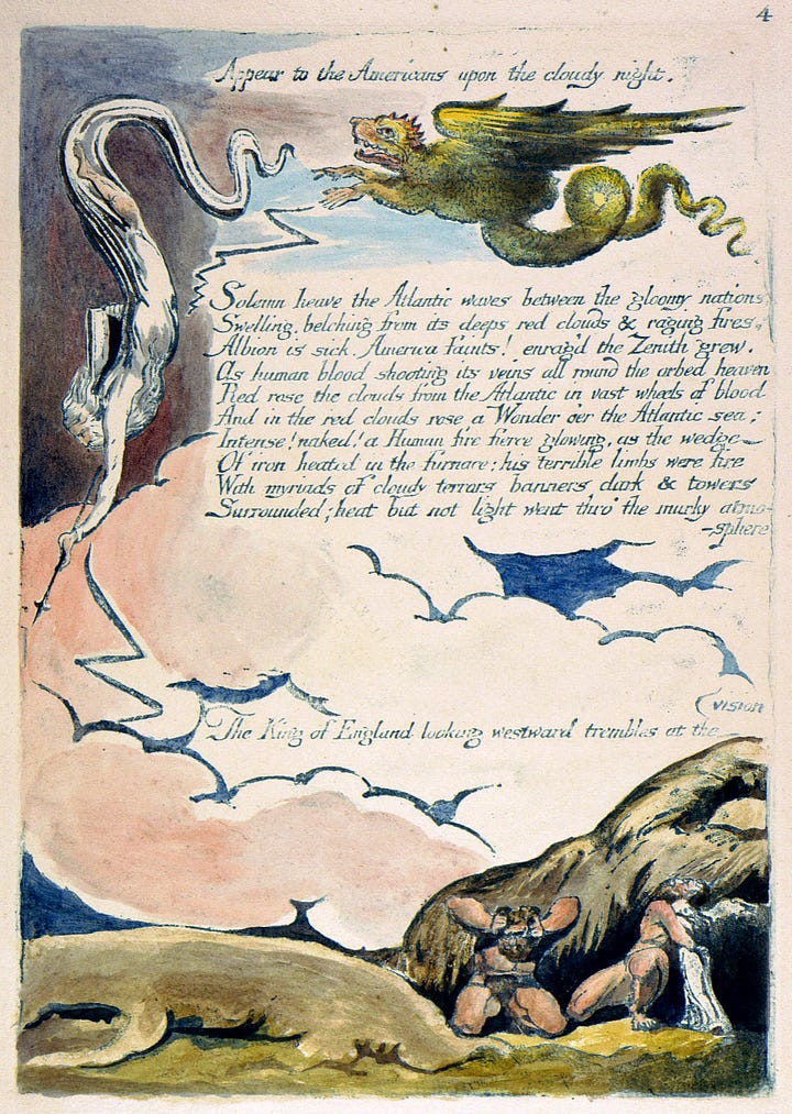WIlliam Blake, America: A Prophesy, pl 4, 1793. In which Blake depicts the King of England as a beached whale, bottom left.