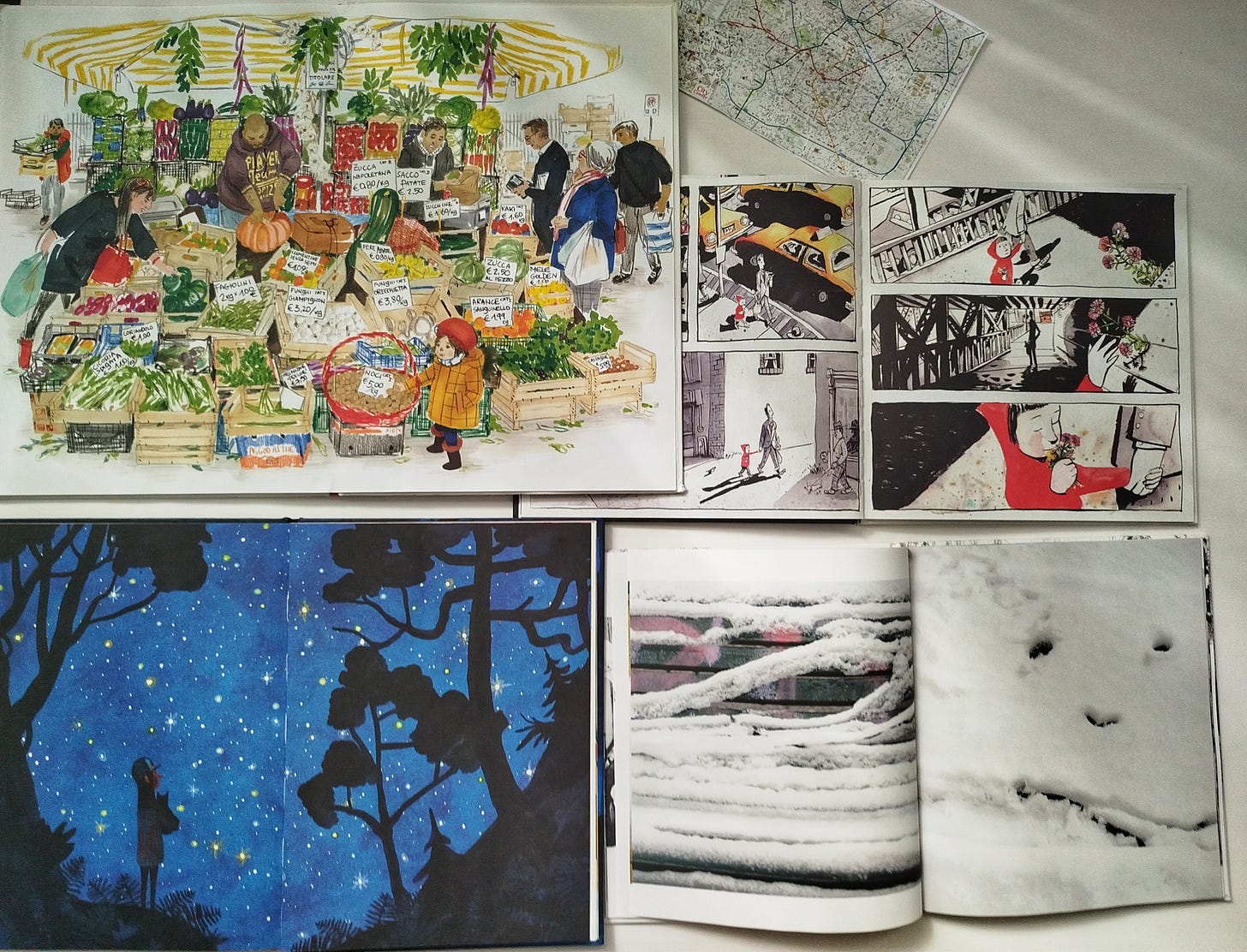 Al mercato,Susanna Mattiangeli, illustrato da Vessela Nikolova (2019), Topipittori; Fiori di città, Jon Arno Lawson, illustrato da Sydney Smith (2020), Pulce edizioni ; Passeggiata con fusa, Sara Lundberg (2024), orecchio acerbo; Questa notte ha nevicato, Ninamasina (2017), Topipittori